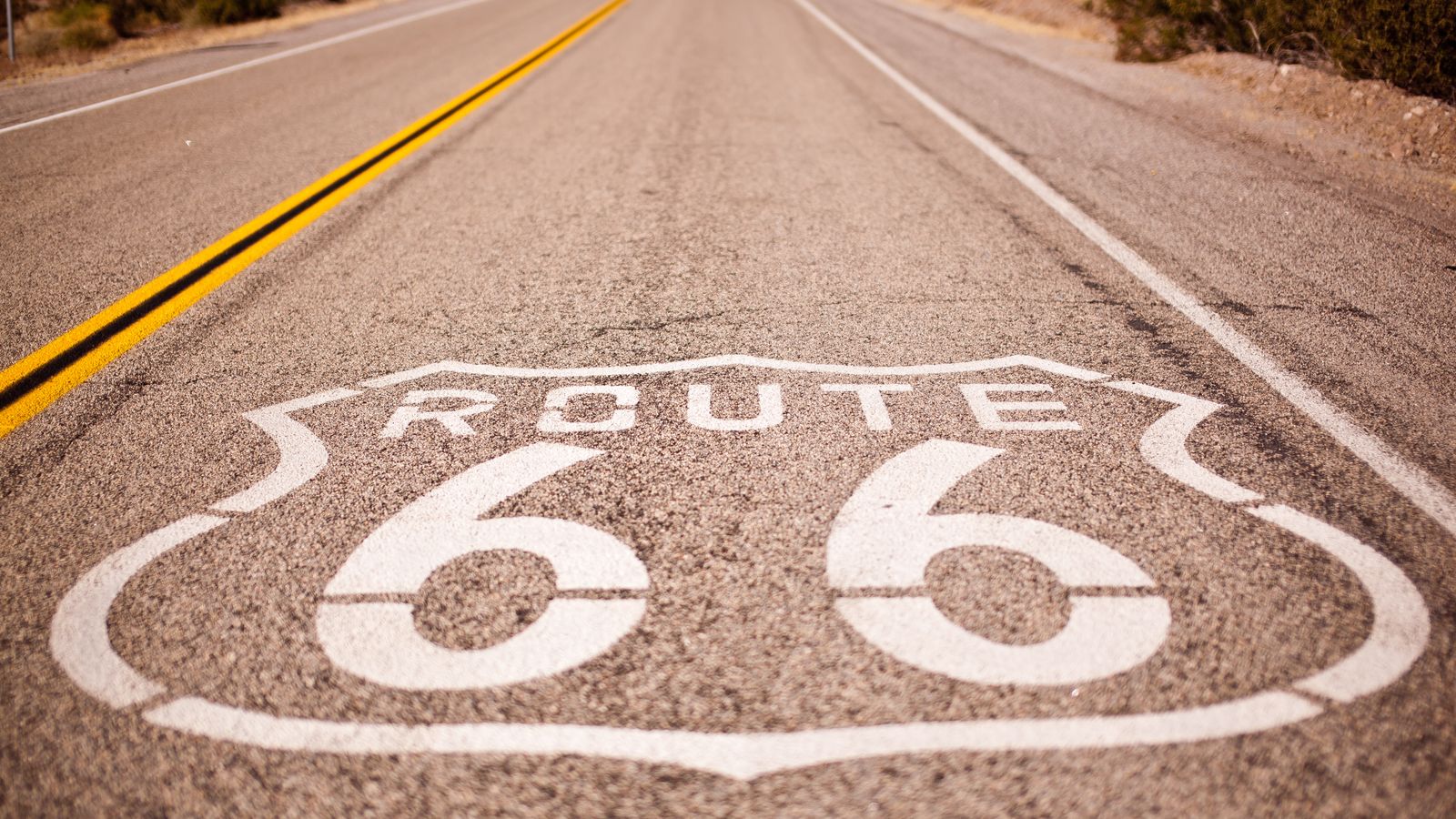 Route 66 shield painted on the road